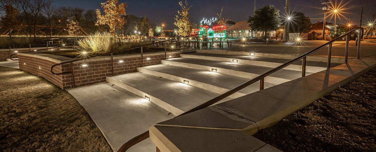 park staircase at night with lights at Waxahachie Amphitheater